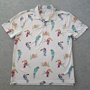 Chubbies Men's Polo Shirt Size Large White Tropical Bird Print Short Sleeve